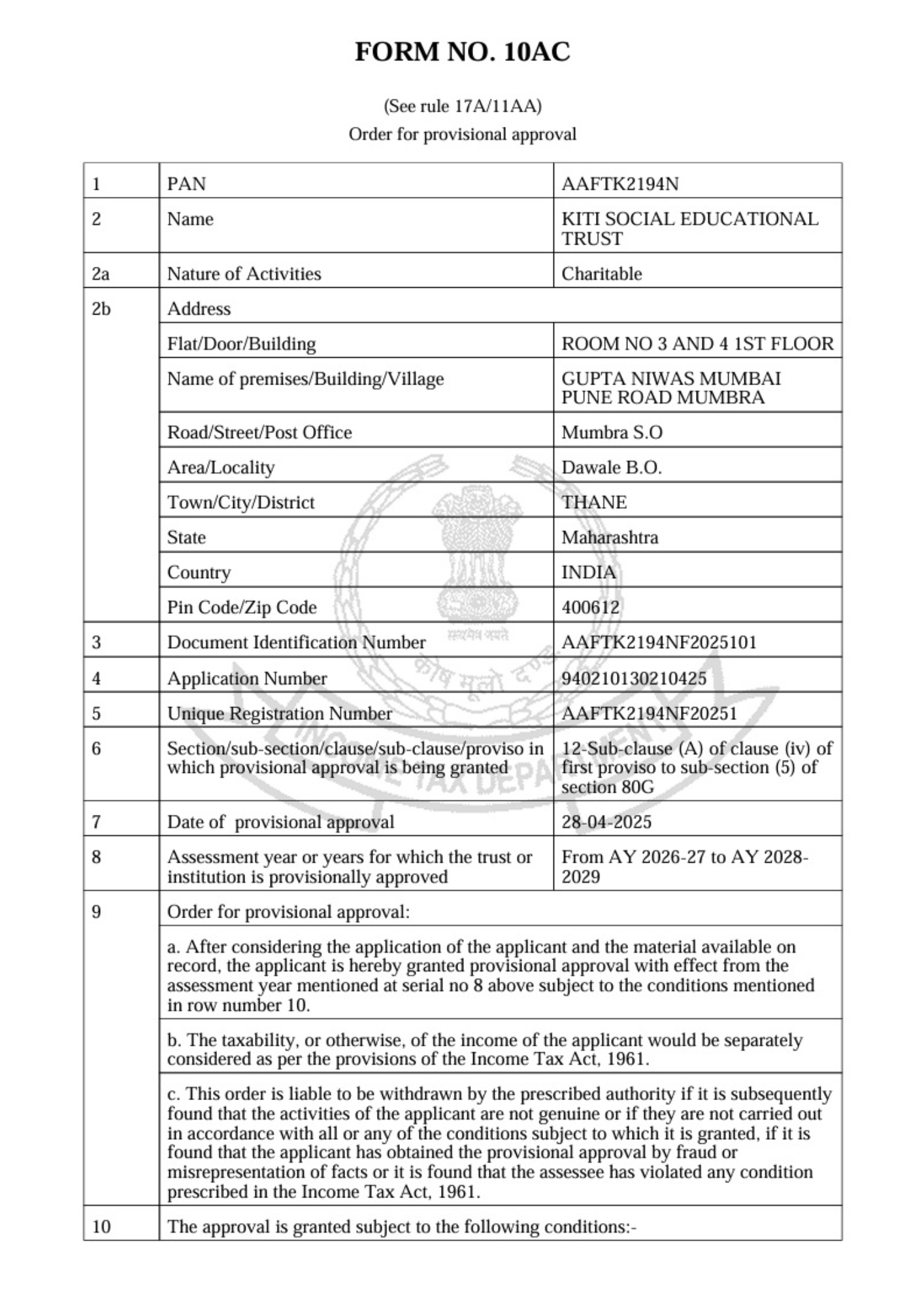 80G of KITI social Educational Trust